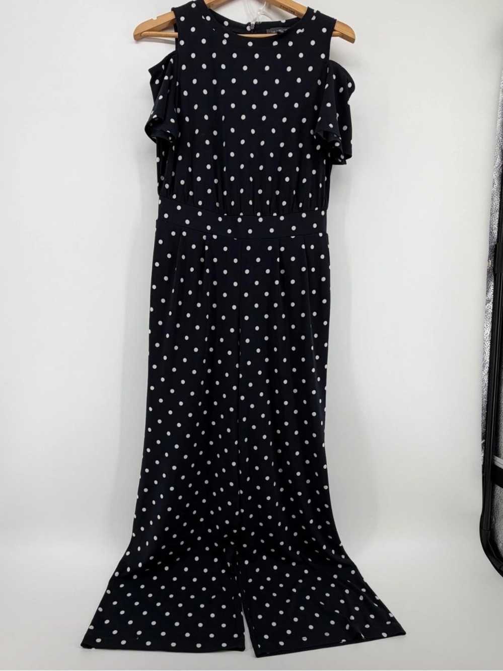 The Limited Polka Dot Cold Shoulder Jumpsuit Wide Leg Navy White Size XL